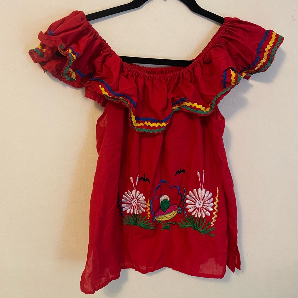 Red Embroidered Off the Shoulder Shirt
